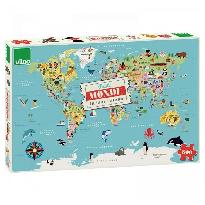 Puzzle 500 pièces - VILAC - Carte du monde - Voyage et cartes - Jaune - Enfant-1