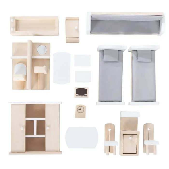 ROBA Maison de Poupée à 3 Étages en Bois Naturel + 16 Pièces de Mobilier et 4 Poupées - Jouet d'Imitation-1