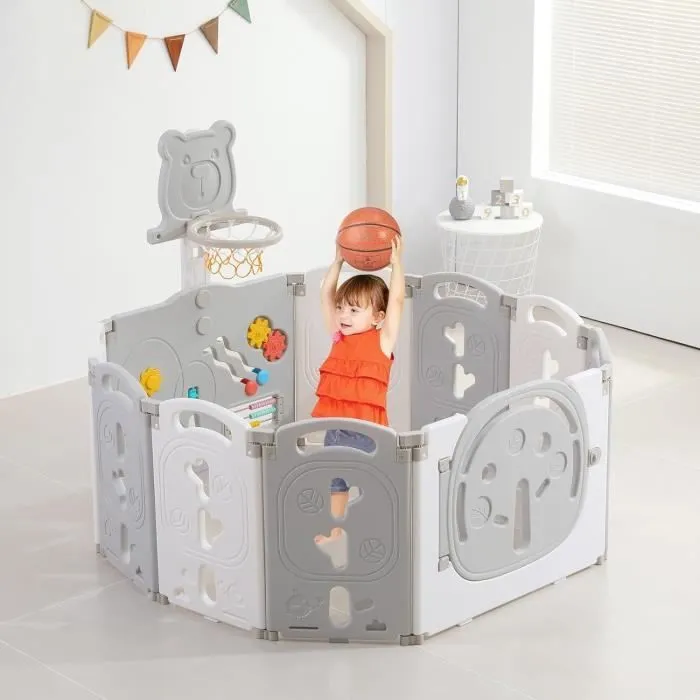 Parc Bébé 8+2 Panneaux 113×113cm, Parc bebe modulable plastique, Parc Bebe avec Porte et Panneau d'activité, Parc pour enfants L-0