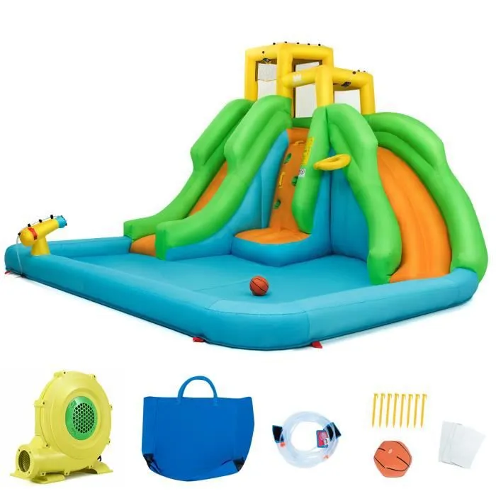 COSTWAY Château Gonflable Enfant 5 en 1 avec Souffleur 680W Toboggan Double Parc Aquatique,Mur d'Escalade Panier,Piscine,Canon à Eau-0