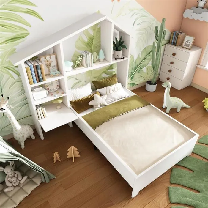 Lit d'enfant - Blanc - 90 x 200 cm - Bois massif - Bibliothèque intégrée - Sommier à lattes-1