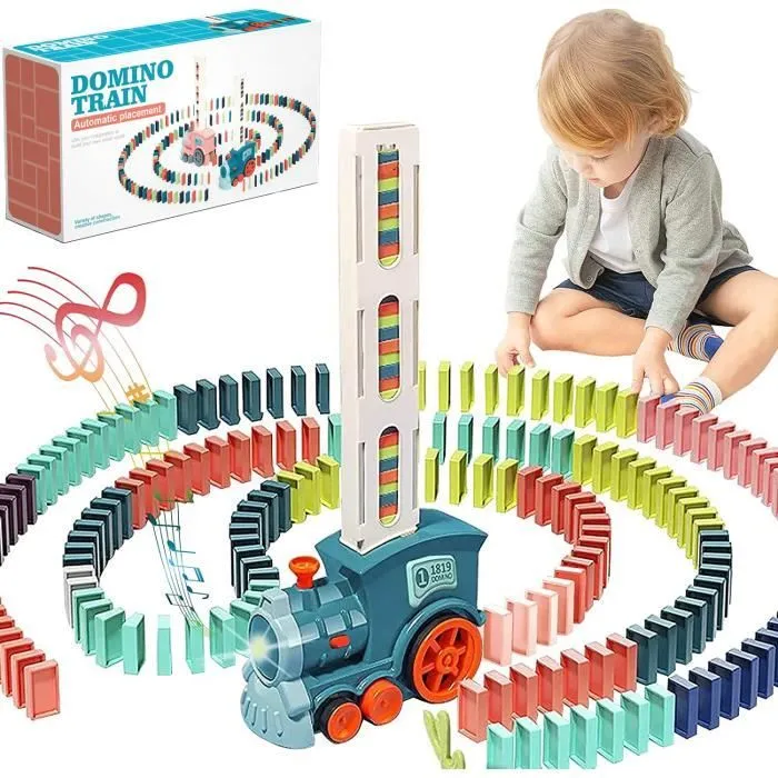 Bebeboutik Train Electrique Domino avec 120 Pieces Blocks Jouets de Train Domino avec lumieres et Musique Cadeau pour Enfant 3 4 5 Ans