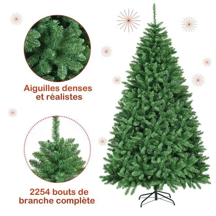 COSTWAY Sapin de Noël Artificiel 225CM à Charnière avec Support Métallique,2254 Branches Sapin Douglas PVC Décoration de Fête Vert-3