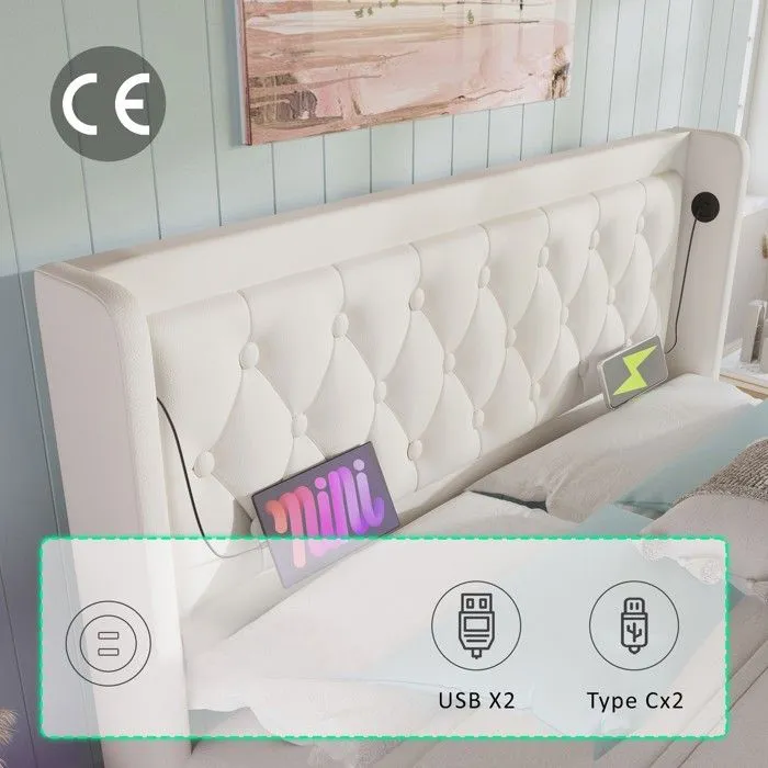 Lit coffre capitonné - Blanc - 140x200 cm - Similicuir - USB et Type-C - LED multicolore-2