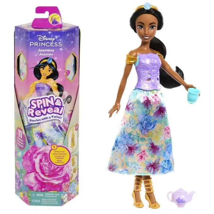 Spin & Reveal Jasmine Mattel Poupée Disney Princesses avec accessoires et 11 surprises HXC23-0