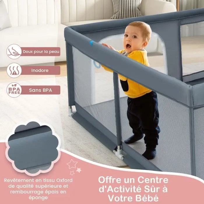 Parc Bébé 200 x 180 cm COSTWAY-50 Boules-Maille Douce Respirante-2 Porte à Glissière-Base Antidérapante-4 Anneaux de Traction-Gris-3