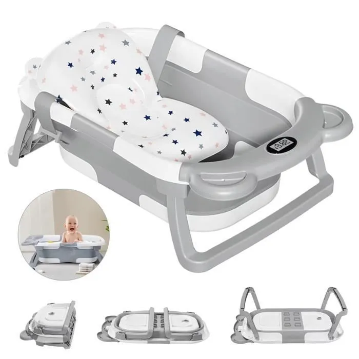 Baignoire Bebe Pliable avec Thermometre,Baignoire Bebe avec Coussin Baignoire Convient Aux Bébés de 0 à 36 Mois-0