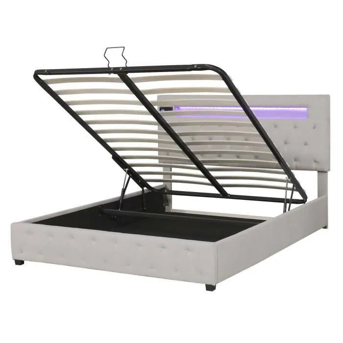 Lit coffre adulte à LED, ports USB et lecteur Bluetooth, sommier à lattes, tête de lit réglable, tissu en lin, beige - 140x200 cm-2