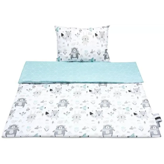 Bellochi Set de Couette Bebe 75x100cm et Coussin Enfant 30x40cm - Réversible et Lavable - 100% Coton - Animaux-1