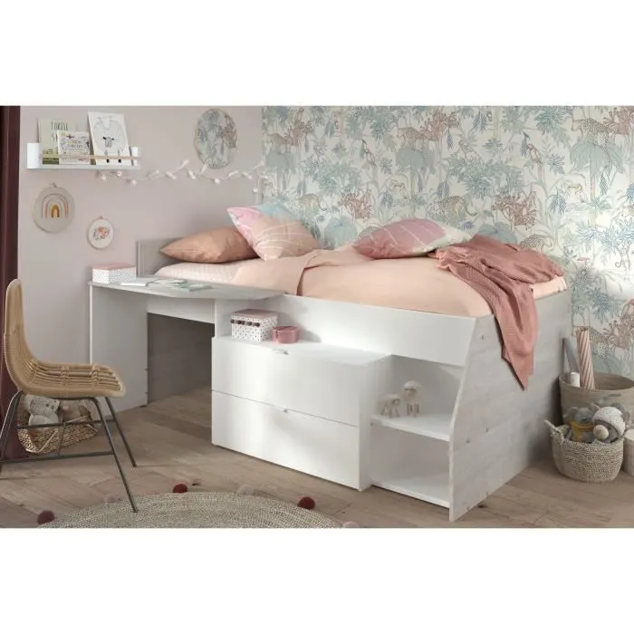 Lit combiné enfant contemporain PARISOT KIM - gris loft et blanc - l 90 x L 190 ou 200 cm-1