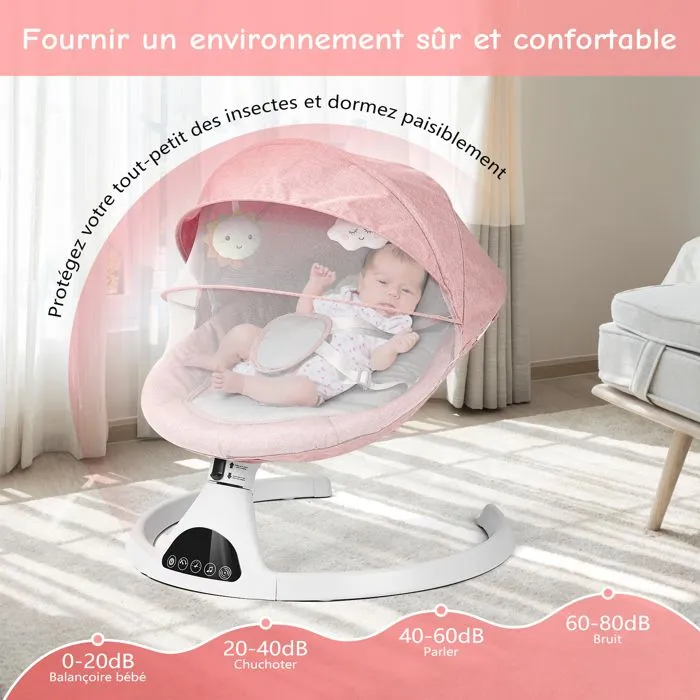 Balancelle bébé, Transat électrique avec télécommande, 5 amplitudes de balançoire et musique Bluetooth, Rose-4
