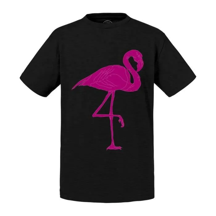 T-shirt Enfant Noir Flamant Rose Dessin-0
