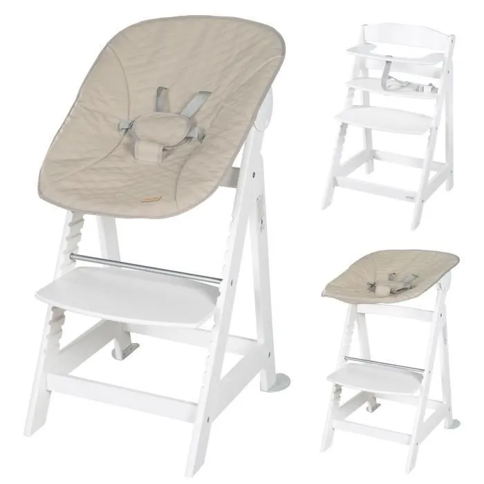 ROBA Chaise Haute Évolutive Born Up 2 en 1 + Transat Inclinable - Greyish matelassé - Dès la Naissance - Bois Blanc-0