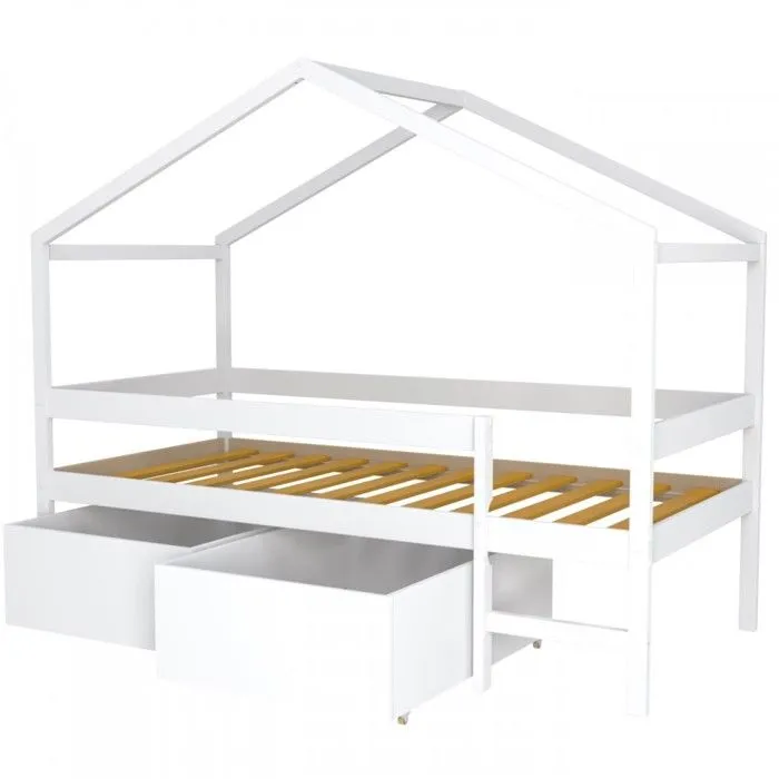 Lit cabane MIKA 90x190 + sommier + 2 tiroirs / Blanc-2