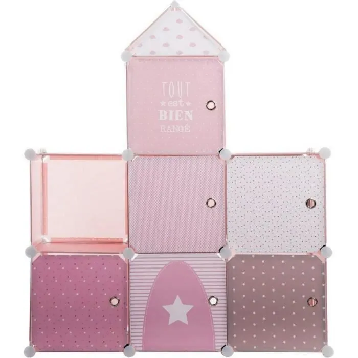Meuble de rangement colonne Armoire de rangement jouets- Forme Château - Coloris ROSE GRIS et BLANC-1