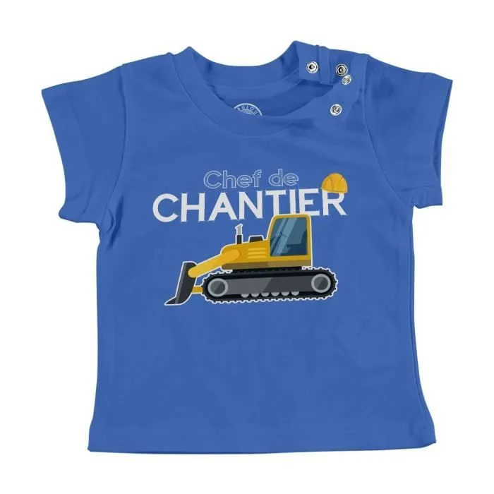 T-shirt Bébé Manche Courte Bleu Chef de Chantier Enfant Travail Construction-0