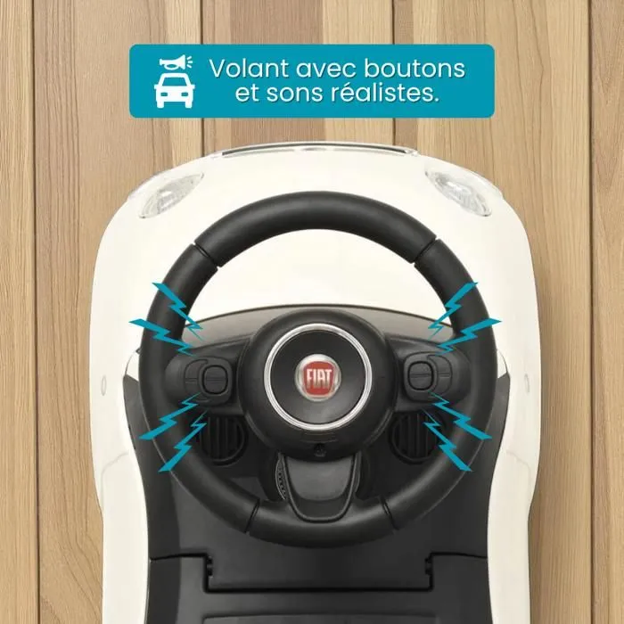 DEVESSPORT Porteur Enfant Fiat 500 Blanc, Licence Officielle, Volant Sons & Musique, Siège Coffre, Idéal 1-3 Ans-1