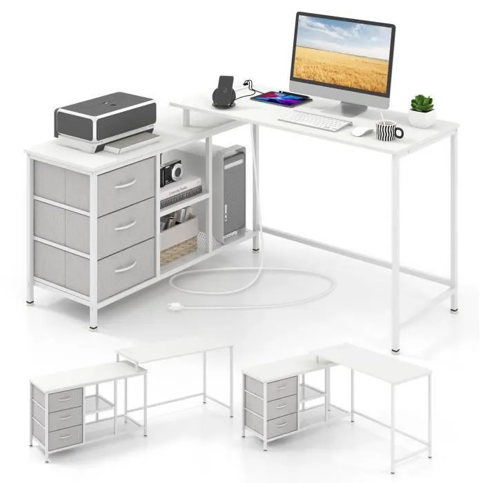 COSTWAY Bureau d'Angle Convertible avec Prise de Courant, 3 Tiroirs en Tissu et Étagères en Maille Métallique, Blanc-0