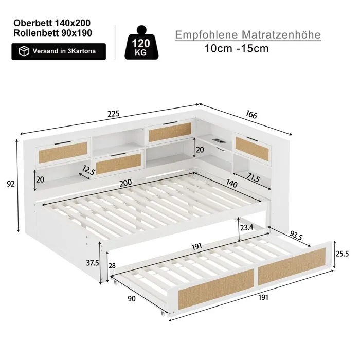 Lit gigogne - Canapé-lit - 140x200cm + 90x190cm - Bois massif - Blanc - Rangement intégré-3