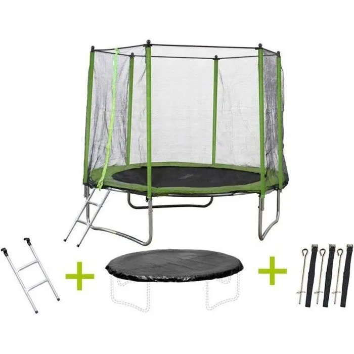 Trampoline "Yoopi 2" - Ø 3.05 m - Avec filet + échelle + couverture + kit d'ancrage-0