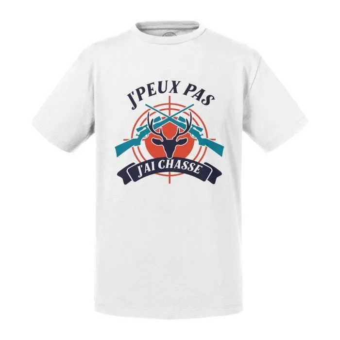 T-shirt Enfant Blanc J'Peux Pas J'ai Chasse Gibier Chasseur France-0