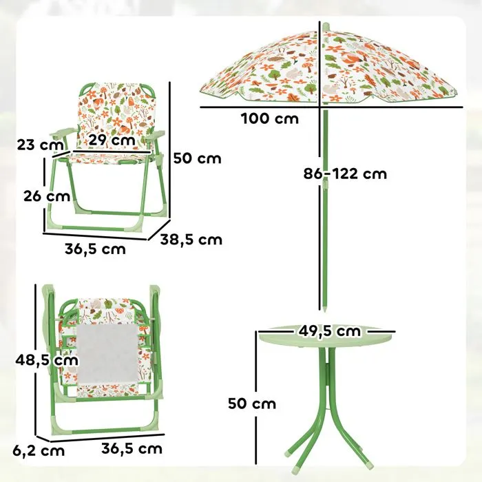 Ensemble salon de jardin extérieur enfant - AIYAPLAY - motif éléphant et girafe, parasol réglable Ø 100 cm, chaise pliable - vert-3