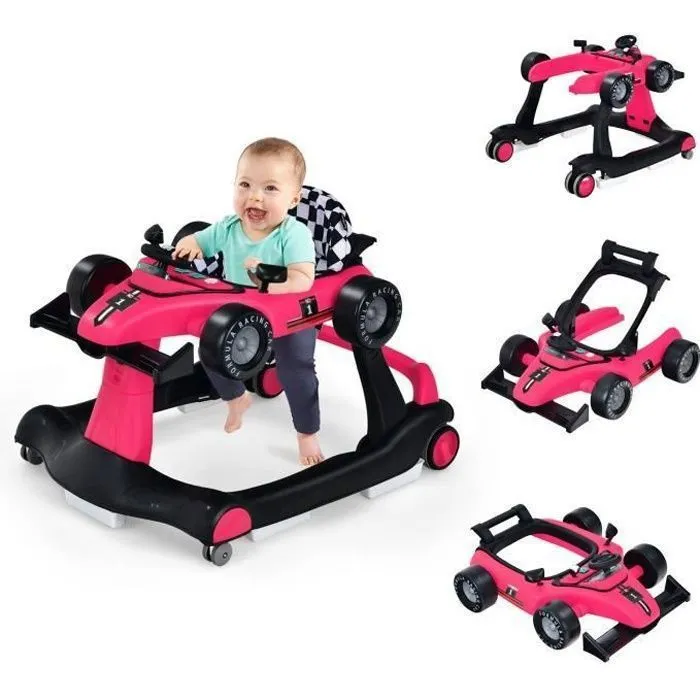 COSTWAY Trotteur Bébé Pliable Musical 4 en 1 Apparence de Voiture Pousseur Hauteur et Vitesse Réglables Lumière Volant Rose Rouge-0