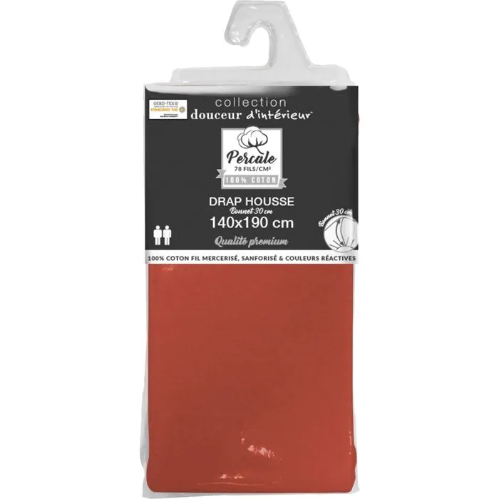 Drap housse uni - DOUCEUR D'INTERIEUR - 140x190 cm - Percaline - Rouge-1