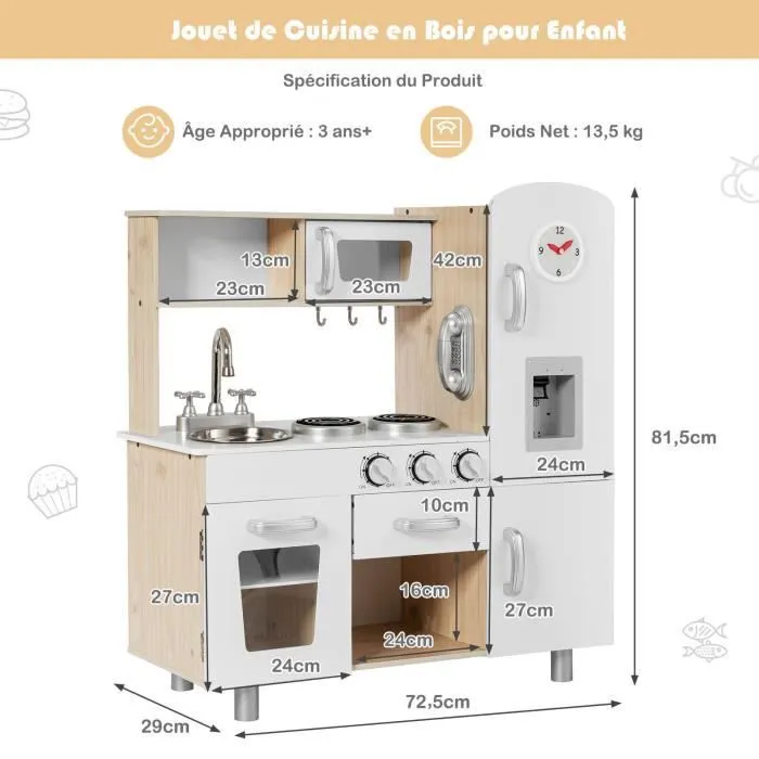 COSTWAY Cuisine Enfants en Bois 3 Ans+, Téléphone & Horloge Inclus, Lumière & Effet Sonore 6 Accessoires-3