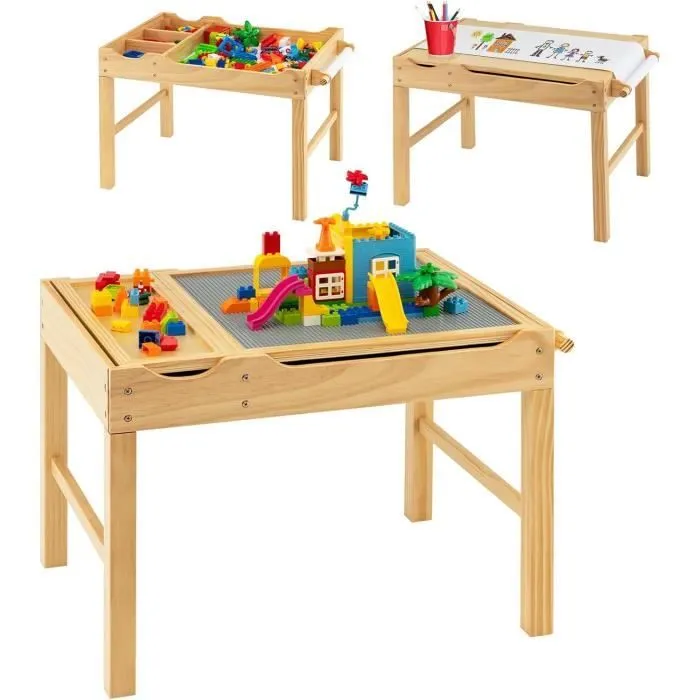 COSTWAY 2 en 1 Table pour Enfants avec Plaques lego, Rangement Caché, Plateau Réversible avec Rouleau de Papier pour Dessiner 3 Ans+-0