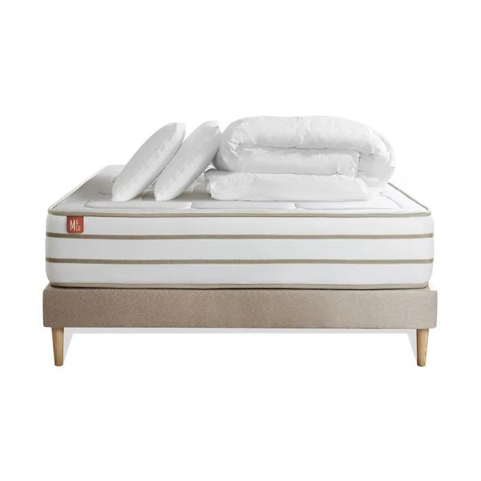 Pack matelas LE DOUILLET 140x190cm Mémoire de forme BioVisco + sommier kit Beige + 2 oreillers + couette-0