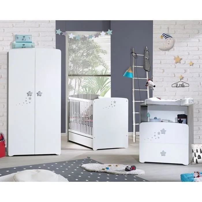 Chambre bébé trio Nao: lit 120x60, commode à langer et armoire - Babyprice - Blanc-0