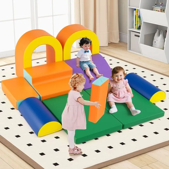 10 PCs Blocs de Construction en Mousse COSTWAY avec Toboggan & Escalier, Housse en Cuir & Bandes Agrippantes, 1 An+ Orange-2