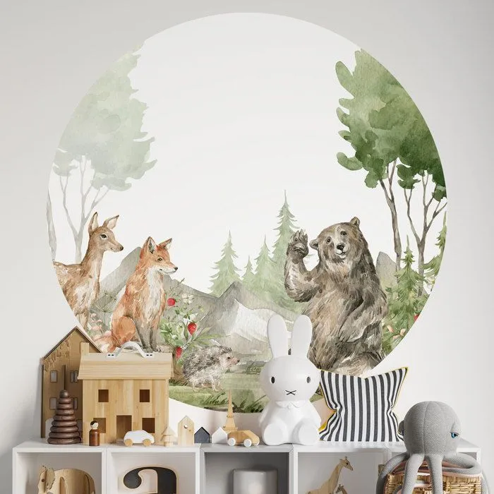 Sticker mural rond / cercle Enfants - Animaux de la Forêt 3617689628967 - Adhésif + Protection BRILLANTE - Diamètre 60 cm-0