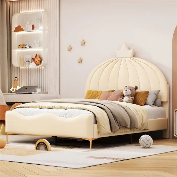 Lit enfant - DREAMMESPACE - 140x200cm - Simili cuir beige - Tête de lit citrouille - Sommier à lattes-1