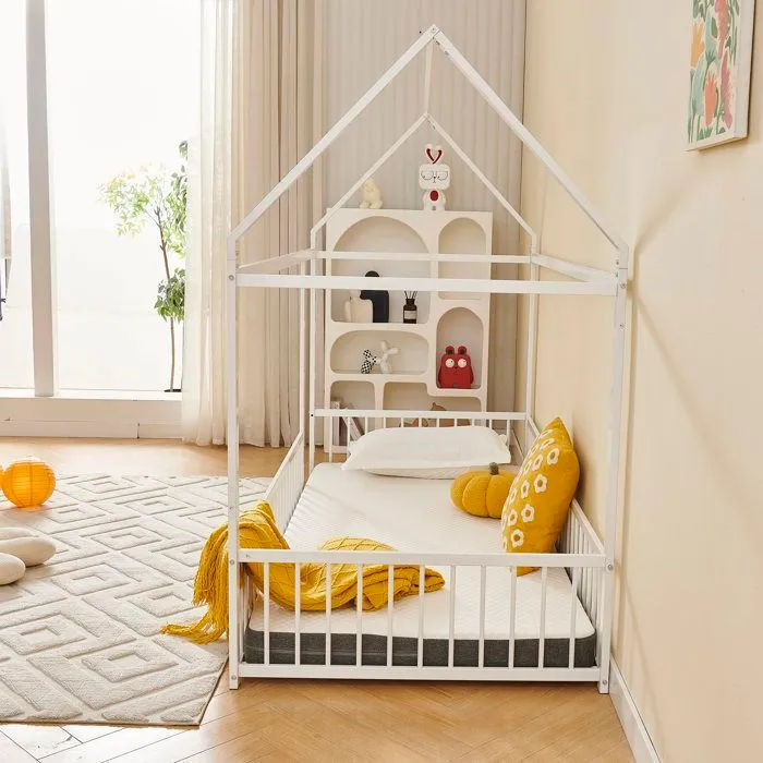 Lit cabane enfant 190x90  avec clôture et porte, avec protection anti-chute, Blanc-4