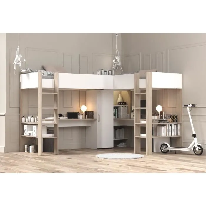 Lit double mezzanine combiné enfant ALEXANDRA avec 2 bureaux et rangements - 2x90x200 cm - Blanc/Chêne - Sommiers inclus - PARISOT-5