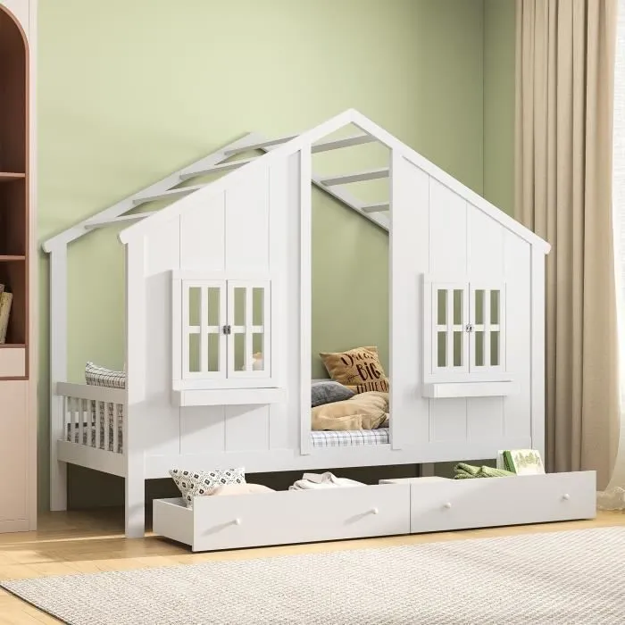 Lit cabane enfant 90x200cm - style pastorale - avec 2 fenêtres, toit, sommier à lattes et 2 tiroirs - sans matelas - en bois blanc-0