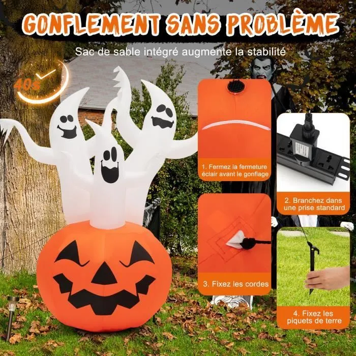 COSTWAY 182 CM Décoration Gonflable d’Halloween, 3 Fantômes avec Citrouille, avec Lumières Rotatives Colorées et Souffleur Intégré-2