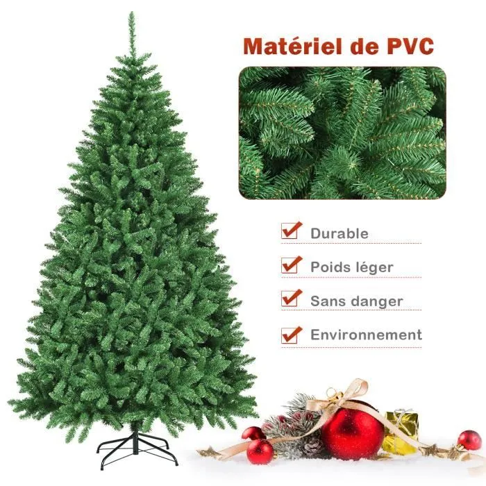 COSTWAY Sapin de Noël Artificiel 225CM à Charnière avec Support Métallique,2254 Branches Sapin Douglas PVC Décoration de Fête Vert-2