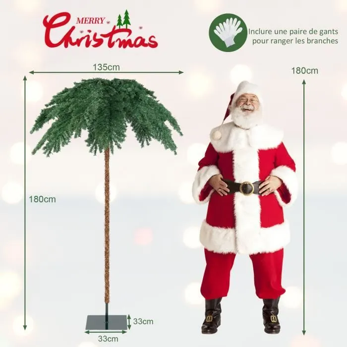 COSTWAY Sapin de Noël Lumineux 180 cm Feuilles Palmier avec 250 Lumières LED Blanc Chaud Base en Métal 813 Branches pour Porche-3