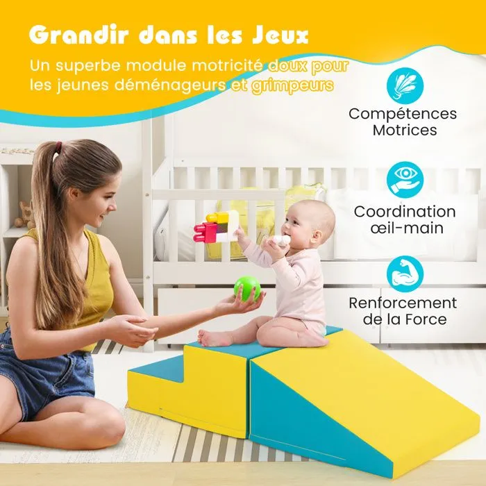 2PCS Module Motricité Bébé en Mousse COSTWAY-Bloc de Construction Housse en PU Amovible-Attache Auto-aggrippant-Jaune + Vert-2