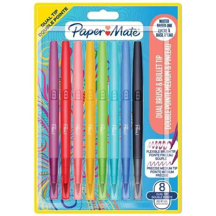 Feutre double pointe - Paper Mate - Flair Dual Brush - 8 feutres - Couleurs assorties - Pour enfants-0