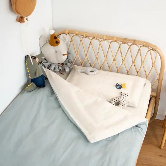Parure de lit bébé réversible housse de couette et taie d'oreiller en Lin lavé 100x140 cm Beige-2