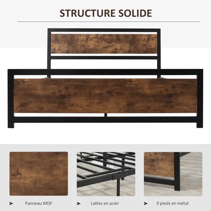 HOMCOM - Cadre du lit - Acier - 147x195x103cm - noir et brun rustique-4