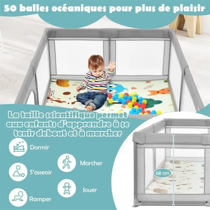COSTWAY Parc Bébé 205x147x68,5CM avec Tapis de Jeu Pliable en Mousse XPE Porte de Sécurité 50 Balles Colorées Sac de Transport Gris-3