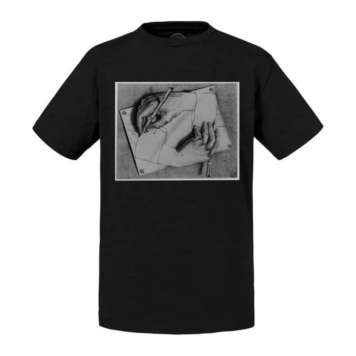 T-shirt Enfant Noir Mains se Dessine Escher Dessin Litographie Art Moderne Illusion-0