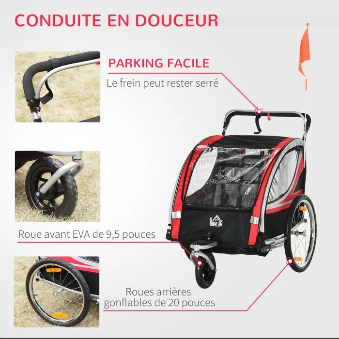 HOMCOM - Remorque vélo pour enfant - Acier - 142x75x101cm - Rouge-5