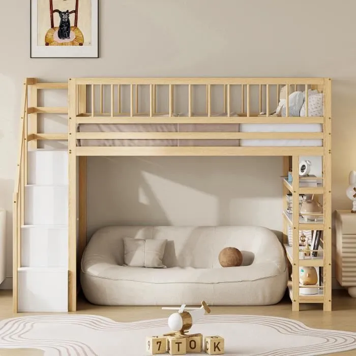 Lit mezzanine - DREAMMESPACE - 90x200cm - Bois massif - Armoire et étagères - Échelle de sécurité-1