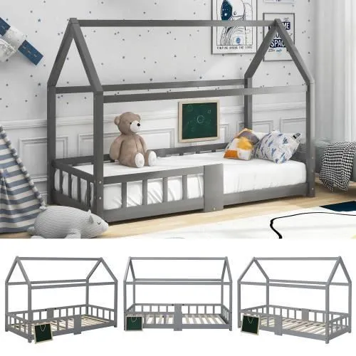 Lit cabane enfant avec barrières - Bois pin massif - Décor Bleu - Sommier inclus avec un tableau - 90 x 200 cm-0